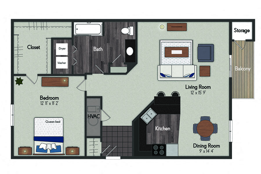Floor plan for 1 bed, 1 bath, 888 sqft
